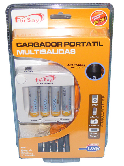 CARGADOR FERSAY RAPIDO MULTI-SALIDA INCLUYE 4 BATERIAS AA DE 2700MAH PUEDE CARGAR BATERIAS DE TEL�FONO, I-POD, VIDEOCON SOLAS...