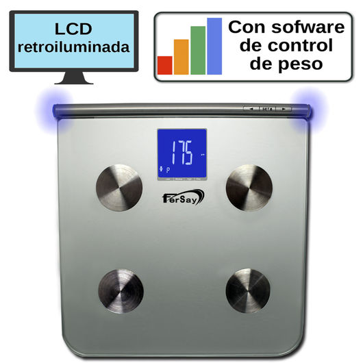 BASCULA DE BA�O CON CONECTOR USB Y SOFTWARE PARA C ONTROLAR MEDIANTE GRAFICAS EL PESO CORPORAL; INCLU YE 4 SENSORES DE PRECISION, PANTALLA LCD 62.5x62mm  Y LUZ AZUL; MIDE PESO, % AGUA Y MASA CORPORAL; 4  USUARIOS; CAPACIDAD: 180KG; DIVISION: 100GR.; FUNC 