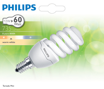 Bombilla espiral mini bajo consumo Philips 12W E14 - PHCFLTORNAD12WE14 - PHILIPS